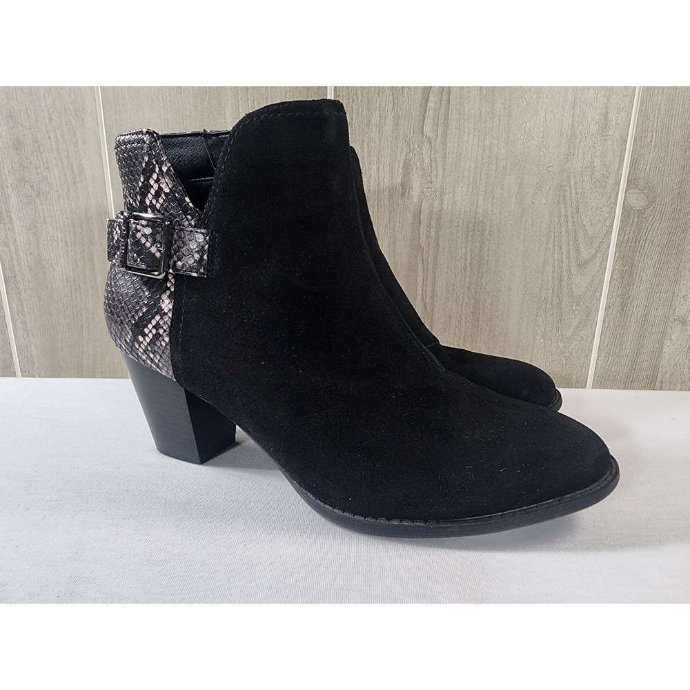 Vionic Naomi Snake Ankle Boots Women 7 Black Suede Block Heel Buckle Side Zip